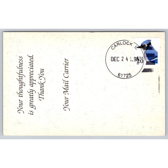 Postcard Christmas Mail Carrier Thank You Card Snow Scene Holly Posted 1998 IL - Picture 2 of 2